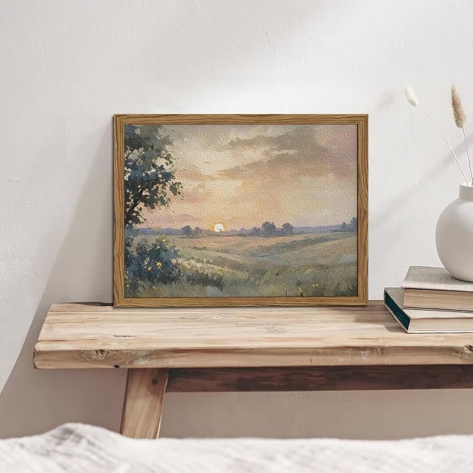 Framed 3D Textured Wall Art, Vintage Fall Sunset Wall Decor Painting, Hand Drawn Sandstone Nature Watercolor Landscape Pictures for Living Room Bedroom Home Decor 12x16 inch Wood Frame