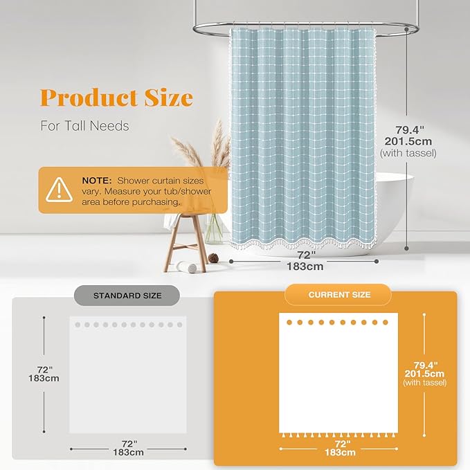 BTTN 78 Inch Long Shower Curtain - Boho Farmhouse Linen Ultra Thick Fabric Shower Curtain Set with Plastic Hooks, Tall Rv Rustic Country Weighted Cloth Shower Curtains for Bathroom - Fog Blue - 72x78