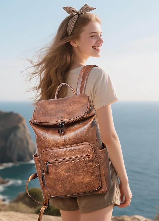 Leather Laptop Backpack for Women, 15.6 Inch Travel Backpack with Laptop Compartment, Casual Daypack Fashion Travel Backpack Purse for Travel College Work, Brown