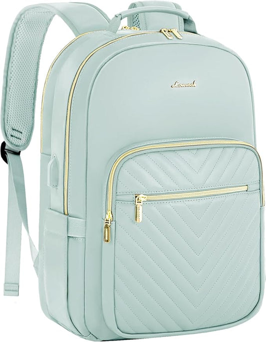 LOVEVOOK Leather Backpacks for Women,15.6 inch Leather Laptop Backpack Women Computer Backpack Laptop Bag,Stylish Quilted Travel Backpack Purse Work College Teacher Backpacks with USB Port,Mint Green