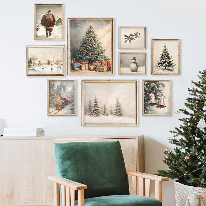 ASTRDECOR Vintage Christmas Wall Art, 9-Piece Winter Holiday Poster Set, Santa, Snowman, Pine Tree Prints for Cozy Xmas Room Décor, Largest 11"x14", Multi Sizes, Christmas Picture Decorations Unframed