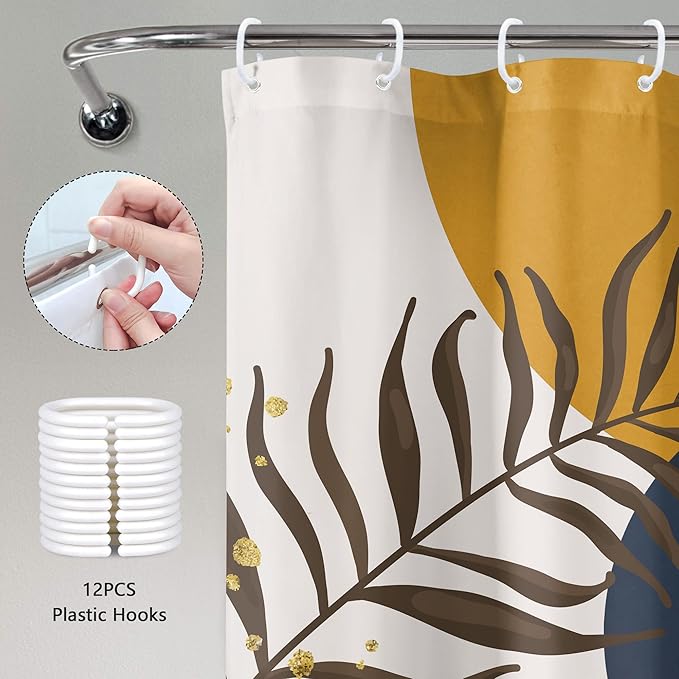 Navy Blue Yellow Boho Shower Curtain Modern Mid Century Abstract Gold Leaves Minimalist Vintage Plant Sun Bathroom Decor Geometric Arch 60Wx72H Bath Curtain Fabric Polyester 12 Pack Hooks