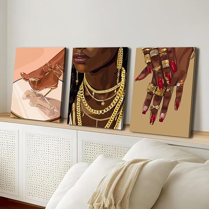 YFvrPt Black Woman Wall Art African American Women Wall Decor Set of 3 Trendy Abstract Black Girl Canvas Poster Prints Aesthetic Pictures for Bedroom Living Room Framed 16x24 inch