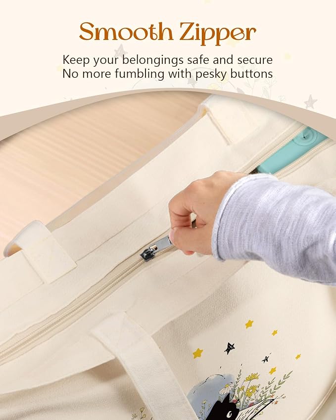 Canvas Tote Bag for Women – Aesthetic Canvas Bag with Zipper Cute Stylish Reusable Shoulder Totes for Shopping Work Daily Vacation, Cat Read