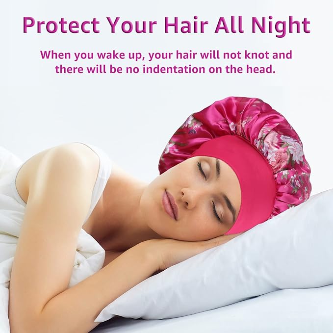 3 Pack Satin Bonnet Silk Hair Bonnet for Sleeping, Sleep Bonnets for Women Large Wide Soft Band Sleep Cap for Curly Hair Braids