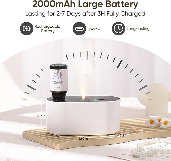 Waterless Diffuser for Essential Oil, Battery Operated Scent Air Aromatherapy Diffuser, Mini Aroma Diffusers with 3 Intermittent Mist Modes, Cycle Start, for 400 sq.ft Room Home Office Bedroom
