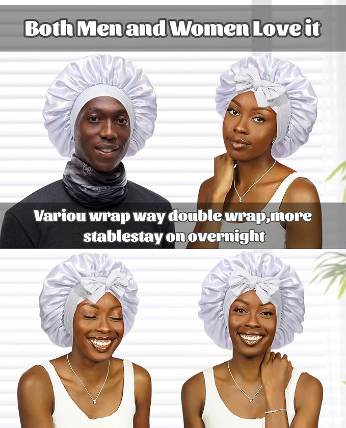 Satin Bonnet Silk Bonnet for Sleeping Silk Sleep Cap Double Layer Hair Bonnet with Elastic Tie Band for Curly Hair Night Cap (Light silver+Pink)