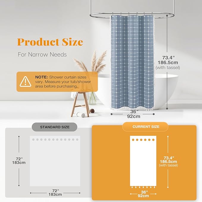 BTTN Boho Shower Stall Curtain - 36x72 Narrow Linen Ultra Thick Tassel Fabric Shower Curtain Set with 6 Plastic Hooks, Half Modern Farmhouse French Country Weighted Shower Curtains for Bathroom - Blue