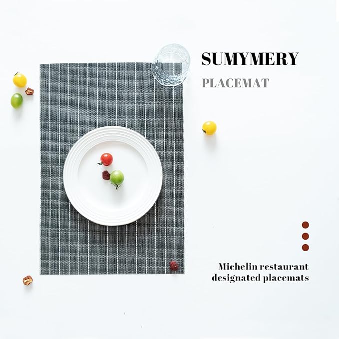 Placemats Set of 6 Vinyl/Plastic Woven Place Mats for Kitchen Table Indoor/Outdoor Washable Placemat Wipeable Dining Table Mats (Black Stripes,6)