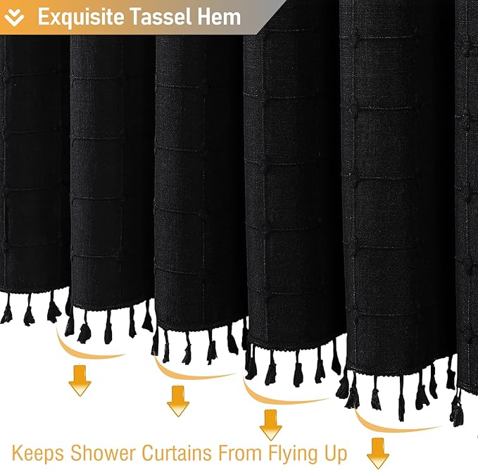 BTTN Black Boho Farmhouse Shower Curtain, Linen Rustic Heavy Duty Fabric Shower Curtain Set with Tassel, Water Repellent, Bohemian Vintage Country Thick Cloth Shower Curtains for Bathroom, 72x72