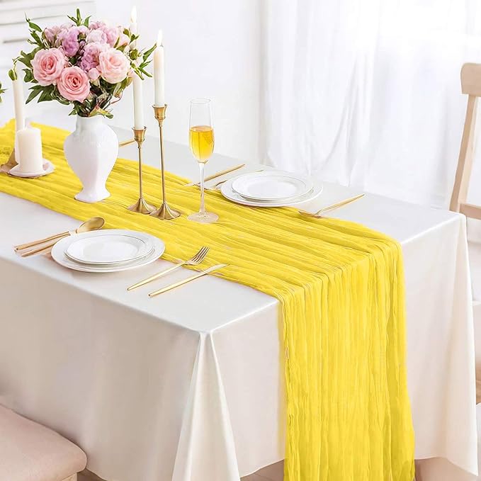 13.3FT Light Yellow Cheesecloth Table Runner Transparent Boho Table Runner Rustic Gauze Wedding Dining Table Decorations for Holiday Birthday Party Baby Shower Event Decorations