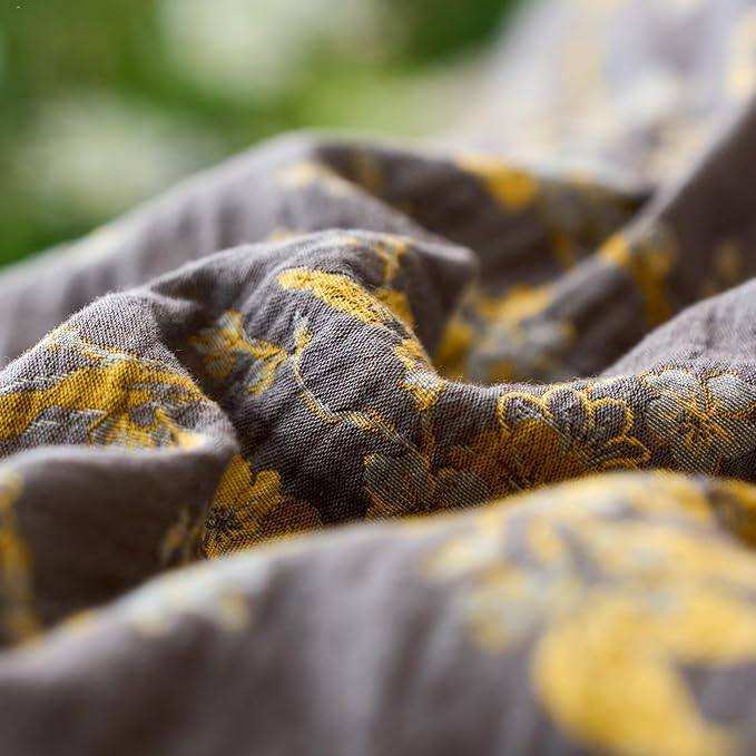 mixinni Vintage Floral Duvet Cover Queen Set - Gold Jacquard & Grey Reversible, 100% Yarn-Dyed Double-Layer Cotton, Breathable & Luxurious Farmhouse Bedding (3-Piece, Includes 2 Pillowcases)