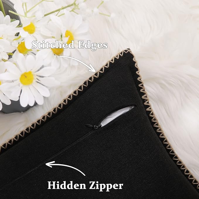 decorUhome Decorative Outdoor Throw Pillow Covers 24x24 Set of 2, Square Linen Rustic Neutral Farmhouse Euro Pillow Covers with Stitched Edge for Couch, Sofa, Living Room, Black