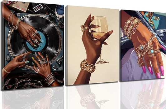 YFvrPt Black Woman Wall Art Set of 3, Trendy African American Women Wall Decor Black Girl Song Lover Canvas Poster Prints Aesthetic Pictures for Bedroom Living Room Framed 12x16 inch