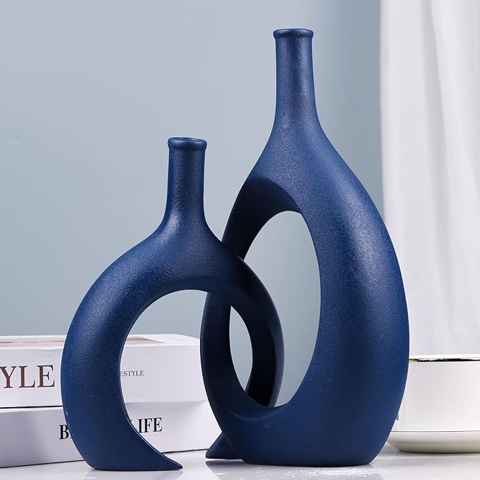 Navy Blue Unique Hollow Bud Vases Set of 2,Modern Snuggle and Huging Style Ceramic Vase for Pampas Grass,Living Room Decorations for Fireplace,Coffee Table Centerpiece,Mantle,Bookshelf Decor
