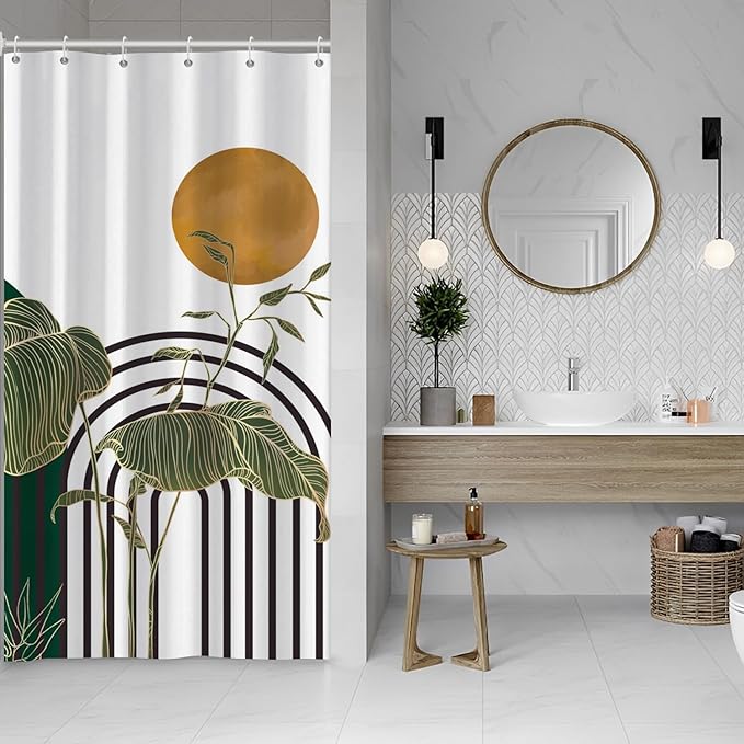 ChloropLastid Mid Century Boho Shower Curtain Minimalist Aesthetic Bath Curtain Dark Green Arch Curve Tropical Leaves Plants Geometric Art Bathroom Home Decor Fabric Waterproof Decor 36x72 inch