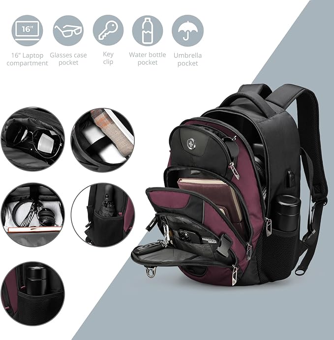 Swissdigital Design Laptop Backpack with USB Charging Port, Travel Backpack Fits 15.6 inches Computer, 31L College School Backpack for Women, Burgundy/Black | SD803
