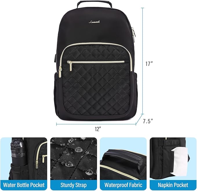 LOVEVOOK Laptop Backpack Purse for Women, Work Business Travel Computer Bags with 15.6 Inch Laptop Compartment, Teacher Nurse Backpack for Womens, Quilted Casual Daypack with USB Port, Black