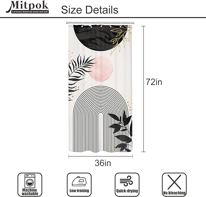Small Stall Boho Shower Curtain 36Wx72H RV Modern Bohemian Abstract Leaves Mid Century Plant Half Narrow Bathroom Decor Minimalist Geometric Neutral Bath Curtain Fabric Polyester 7 Pack Hooks