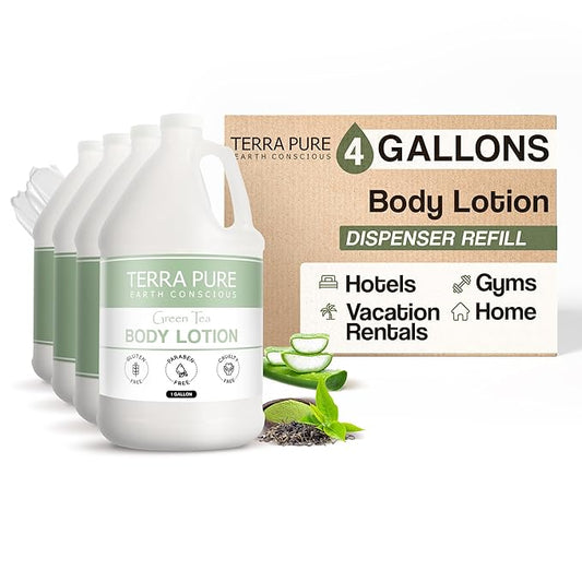 Terra Pure Green Tea Hotel Body Lotion | 1 Gallon | For Hospitality & Vacation Rentals to Refill Dispensers | (Set of 4)