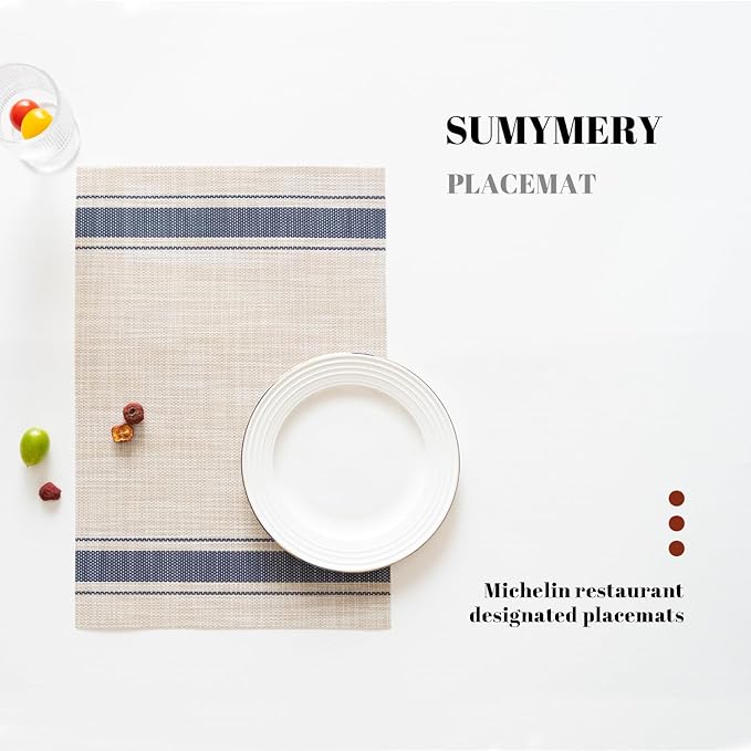 Placemats Set of 4 Vinyl/Plastic Woven Place Mats for Kitchen Table Indoor/Outdoor Washable Placemat Wipeable Dining Table Mats (Khaki Blue,4)