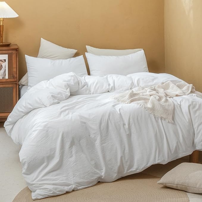 FOSSA Duvet Cover Set 100% Washed Cotton Linen Feel Super Soft Breathable Cozy 3 Pieces Bedding Sets Solid Bright White Full/Double