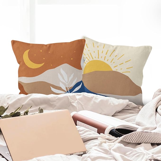 HIWX Boho Pillow Covers, Boho Sun Moon Mountains Decorative Pillowcase Throw Pillow Cover 18x18,Boho Throw Pillows,Boho Sun Desert for Sofa Bed Room Home Bedroom Decor Set of 2 Pillow Case（Orange）