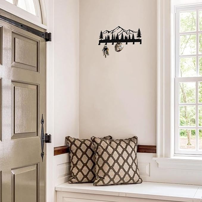 Key Holder Wall Mounted Key Hooks, Black Metal Key Rack Hooks, Little Grove, Mountain Theme Wall Decoration Hooks, with 7 Hooks, Applicable to Front Doors, Lobby,Corridor, Offices (12 ")