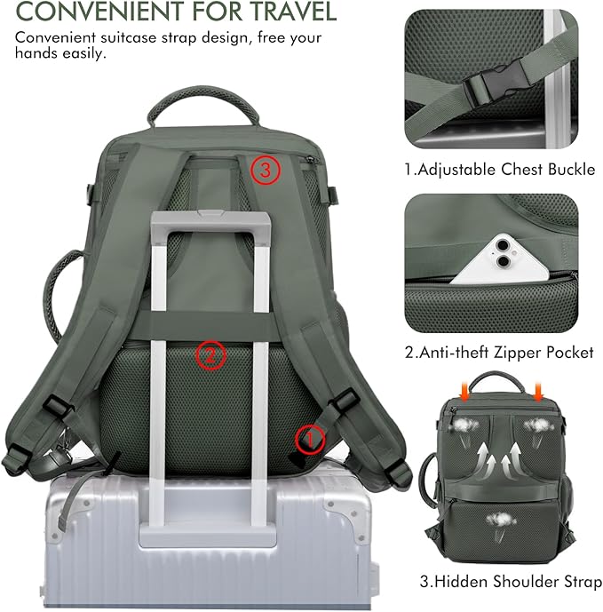 Beraliy Travel Backpack for Men Women, Airline Approved Personal Bag,17.3 Inch Laptop Backpack, Carry On Backpack for Hiking Overnight with USB Charging Hole, Olive-green