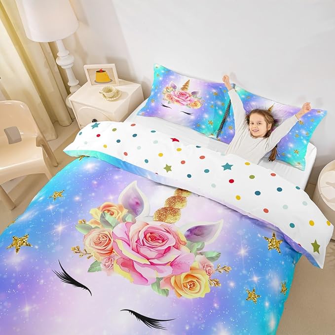 Castle Fairy Unicorn Comforter Cover Full Size, Cute Rainbow Watercolor Print Bedding Set Kids Girls Girly Animal Themed Sweet Duvet Cover with 2 Pillowcases, Soft Fashion Microfiber