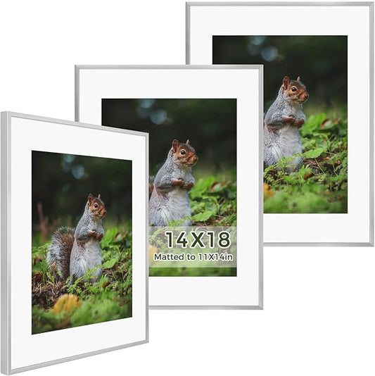 Golden State Art 14x18 Picture Frame 3 Pack - Aluminum Frames with 11x14 Removable Mats & Real Glass, Display 14x18 Posters or 11x14 Photos - Silver Gallery Wall Frames for Home Office Decor