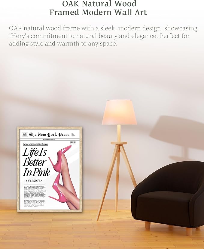 iHery Natural OAK Wood Retro Baby Pink News Framed Wall Art, 12x16 in Life Is Better In Pink Canvas Wall Decor, Beige Modern Trendy Newspaper Bedroom Decor, Set of 1 For Bathroom Living Room