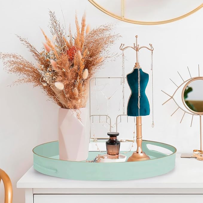 Mint Green Round Serving Tray with Handles,13" Decorative Ottoman Coffee Table for Perfume,Living Room,Home Decor