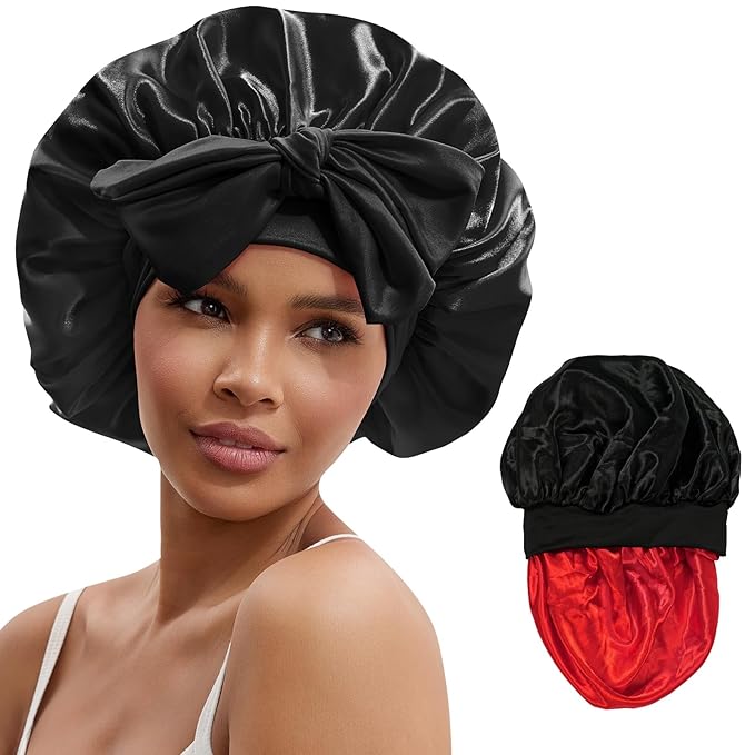 Silk Bonnet for Sleeping Women Satin Hair Cap with Tie Brand Curly Hair Sleep Protection Silk Head Wrap Double Layer - Black