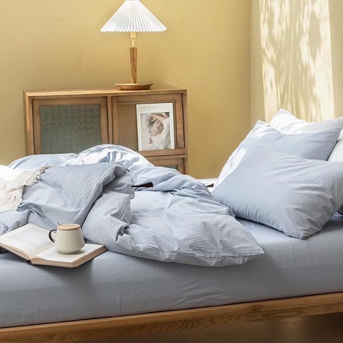 FOSSA Duvet Cover Set 100% Washed Cotton Linen Feel Super Soft Breathable Cozy 3 Pieces Bedding Sets Solid Cornflower Blue Super King Plus