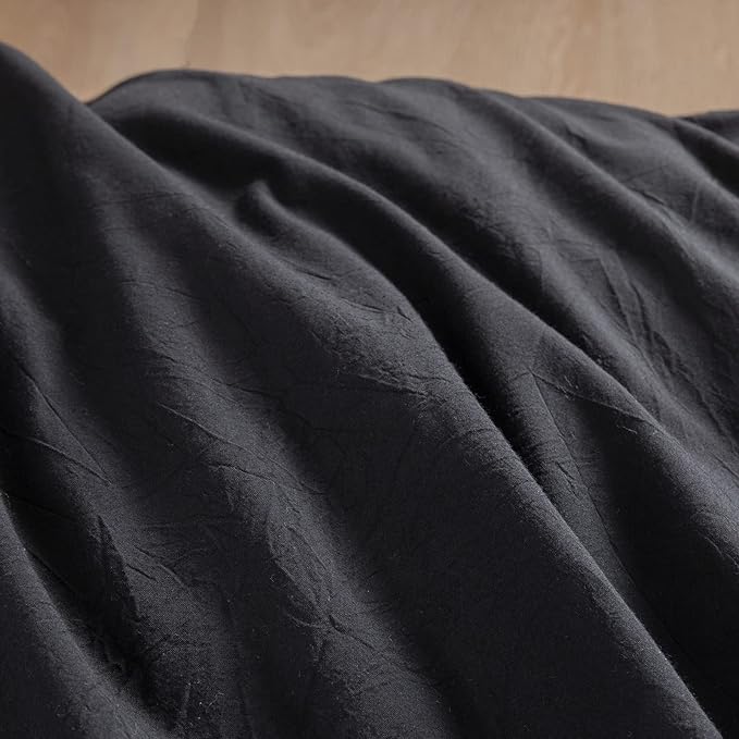 BESTOUCH Duvet Cover Set 100% Washed Cotton Linen Feel Super Soft Comfortable Chic Lightweight 3 PCs Home Bedding Set Solid Deep Black Super Queen