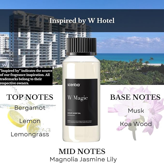W Magic Hotel Diffuser Oil Inspired by W Signature Hotel - 120 mL 4.06 fl oz - Aromatherapy Fragrance Inspired by 5-Star Hotels | Notes of Bergamot, Lemongrass, Jasmine