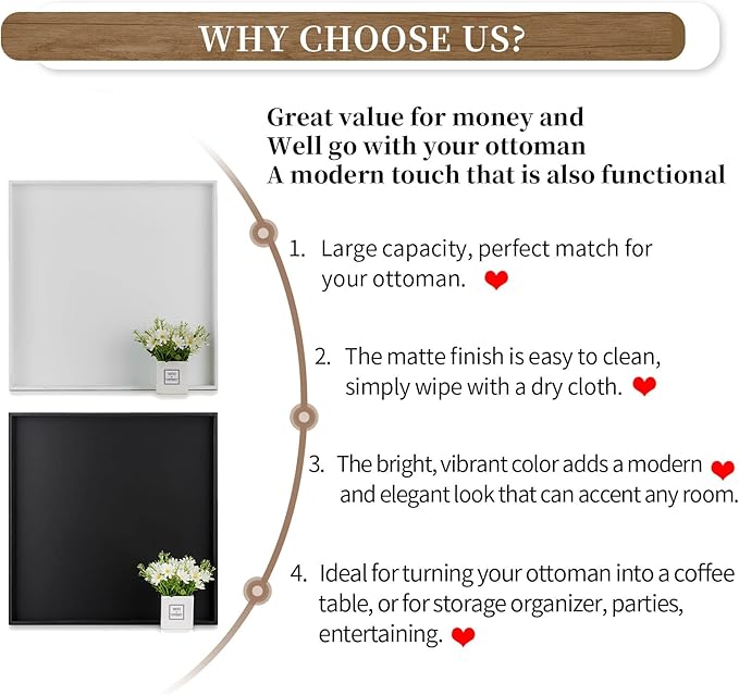 Hanobe Ottoman Tray for Living Room: Modern Extra Large Black Serving Decorative Trays with Cutout Handles for Coffee Table Home Decor, 20"