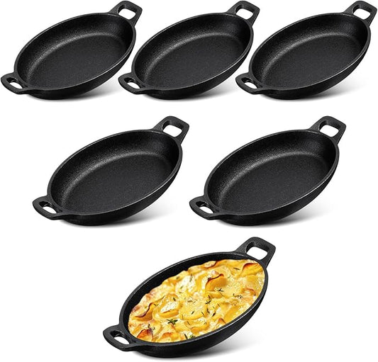 Mifoci 6 Pcs Oval Serving Dish Mini Cast Iron Skillet Cast Iron Baking Pan Sizzling Plate Matte Black Gratin Cookware for Home Restaurant Kitchen Food Service Barbecue (7.1" X 4.7")