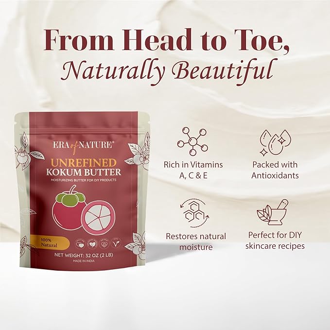 era of nature Kokum Butter Raw - 32 oz (2lb) – Natural Butter for Body Butters, Lotion Bars, Lip Balm, Soap Making – Blends Well with Shea or Cocoa Butter – For Stretch Marks, Scars, Pregnancy Care