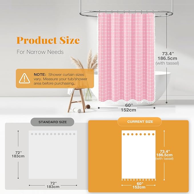 BTTN Stall Shower Curtain - 60 x 72 Inch Narrow Boho Chic Farmhouse Linen Vintage Fabric Shower Curtain Set with 10 Hooks, Bohemian Country Decorative Heavy Duty Shower Curtains for Bathroom - Pink