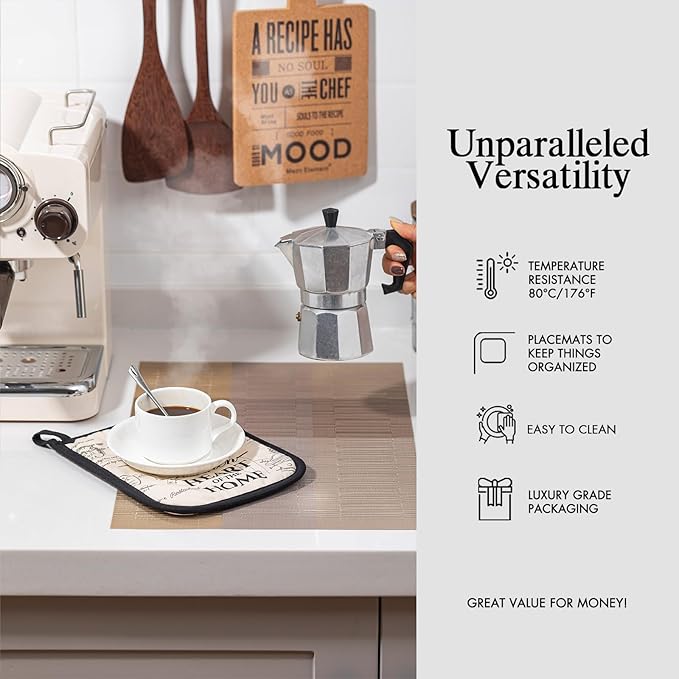 Placemats Set of 6 - Easy Clean Woven Vinyl Placemats for Dining Table, Indoor/Outdoor Place Mats, Washable PVC Table Mats （Gold Dune）