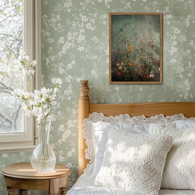 Vintage Wildflower Wall Art, Green Flower Wall Decor Painting, Hand Drawn Sandstone 3D Textured Farmhouse Botanical Nature Landscape Artwork for Living Room Bedroom 12x16 inch Wood Framed