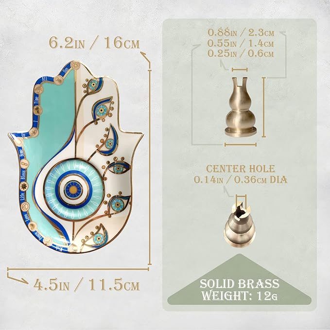 Ceramic Hamsa Hand Incense Holder - 2 in 1 Brass Incense Holder for Sticks and Coil Incense- Zen Decor with Hand of Fatima Design Protection from Evil - 6.2" L X 4.5" W (Blue)
