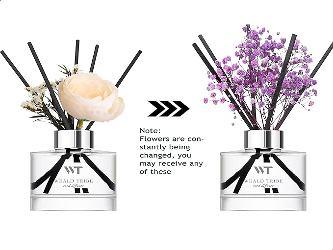 WEALD TRIBE Flower Reed Diffuser Set Lavender Scent for Bathroom Accessories Shelf Decor & Air Fresheners, Sticks Defusers with 5.1 fl oz Essential Oils & Leaves, House Bedroom Office Decor & Gifts