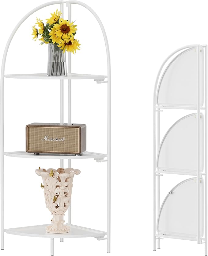 Crofy Foldable 3 Tier Corner Shelf, Metal Corner Plant Stand with White Frame and White Shelves, Corner Display Rack Multipurpose Shelving Unit for Living Room, Bedroom, Bathroom