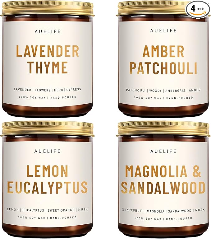 4 Pack Scented Candles Set | Scented Candles for Home, Candle Gifts for Women Men, Soy Candle for Home, Aromatherapy Gift of Amber Patchouli/Lemon Eucalyptus/Lavender/Sandalwood