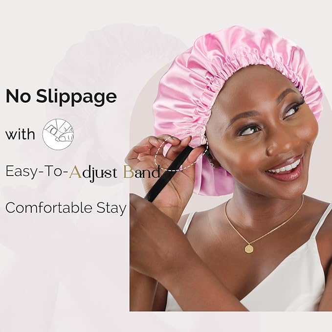 YANIBEST Adjustable Silk Bonnet Double Layer Satin Bonnet Hair Bonnet for Sleeping Bonnets for Women Hats Curly Natural Hair, Pink
