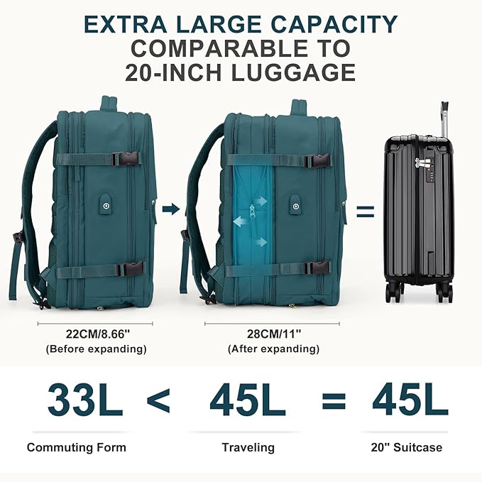 coowoz Large Travel Backpack For Women Men, Carry On Backpack,Hiking Backpack Waterproof Outdoor Sports Rucksack Casual Daypack Expandable Heavy Duty Extra large Backpack Peacock Blue