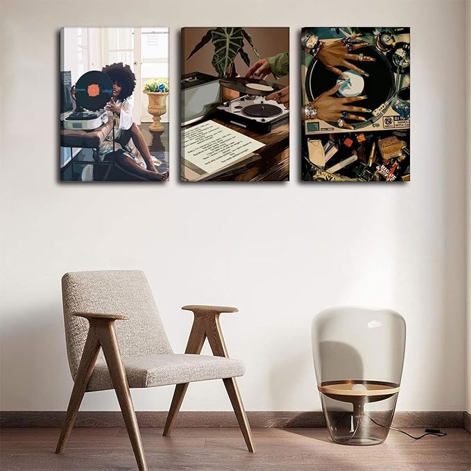 Framed Black Girl Canvas Wall Art 3Pcs black Girl Record Music Wall Decor Pictures Funky Black Girl Posters prints for Modern Black Woman Bedroom Home Decoration 12x16in